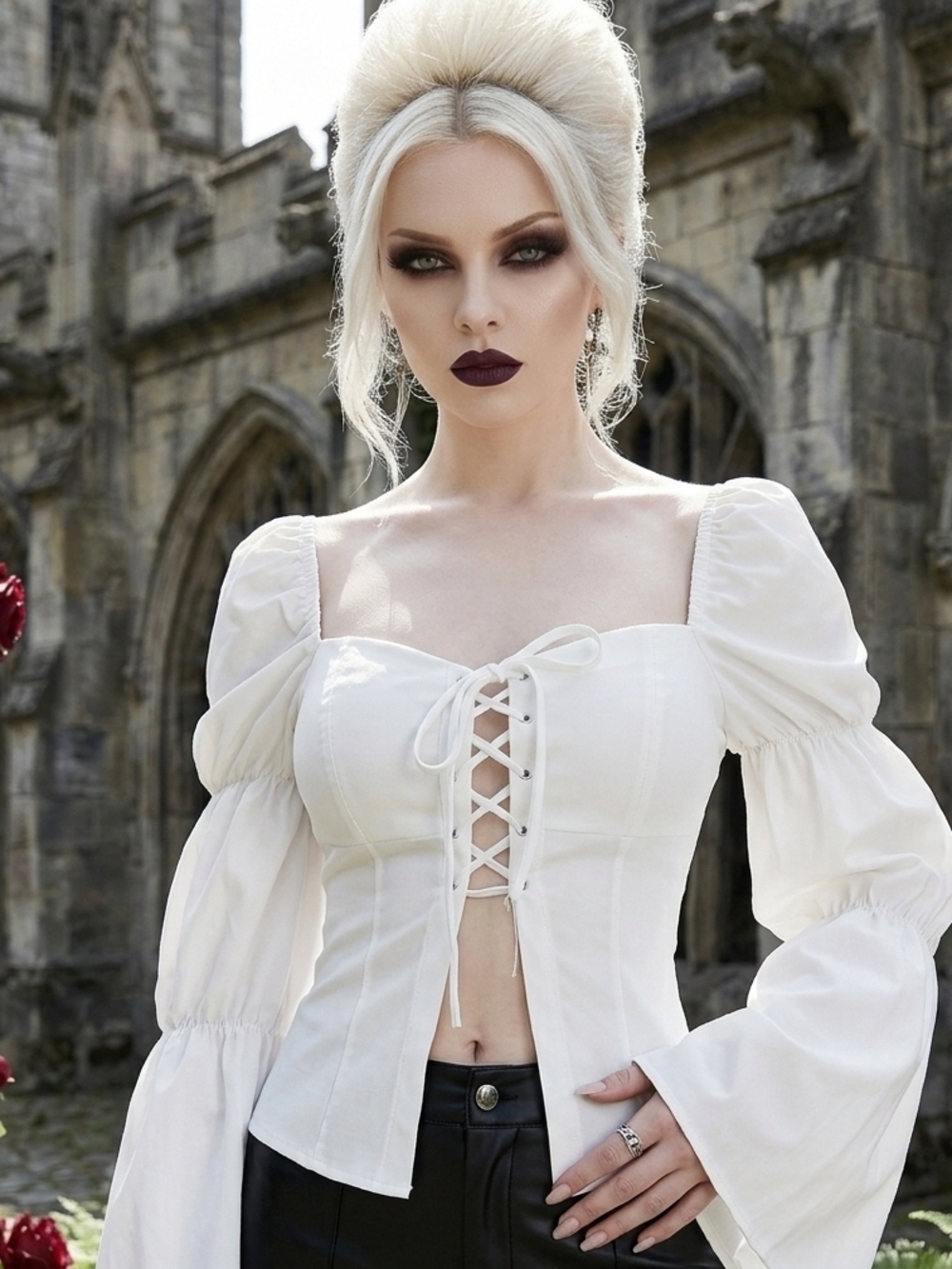Lace-Up White Peasant Blouse with Puff Sleeves — Women Tops